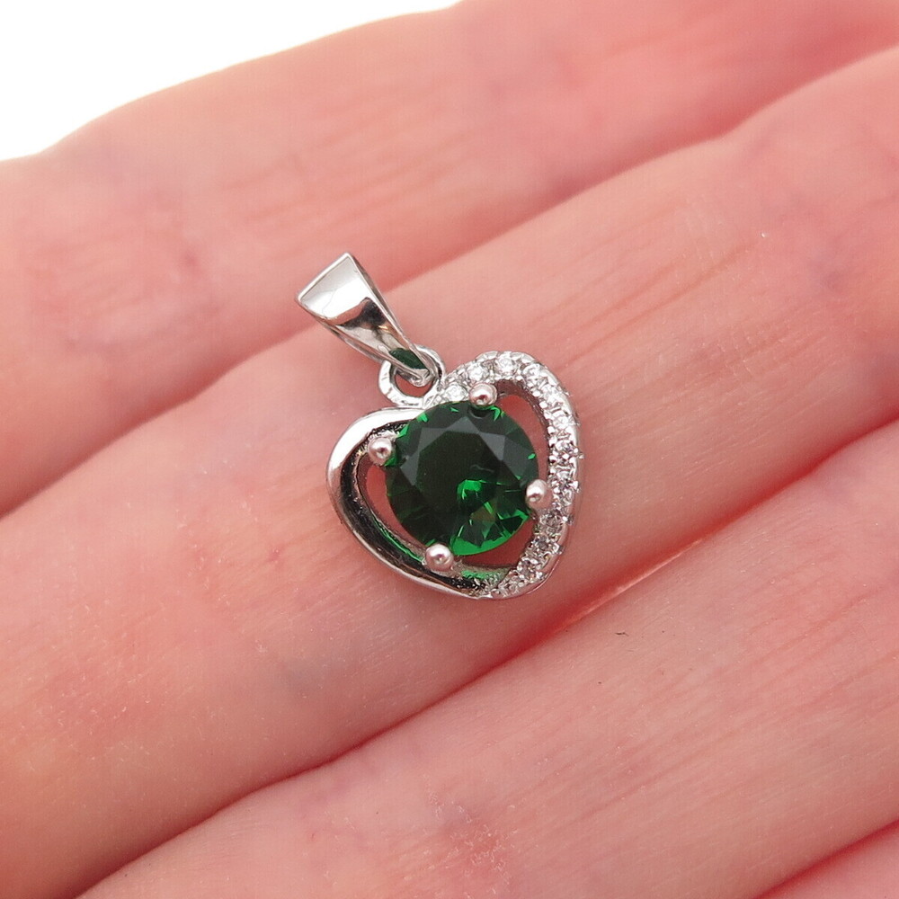 925 Sterling Silver Round-Cut Green & White C Z Heart Charm Pendant